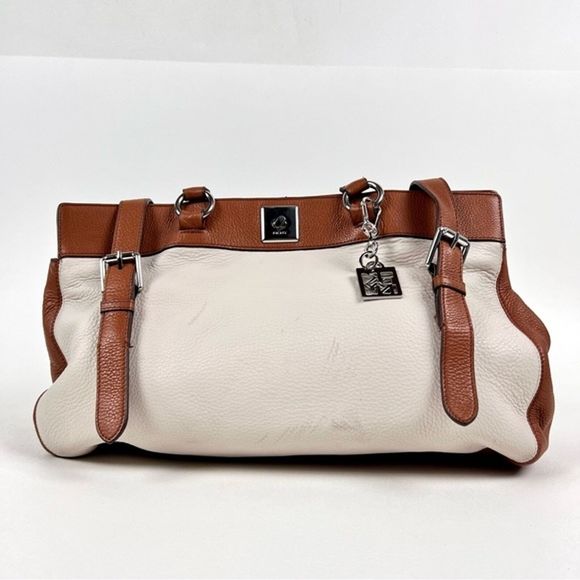 DKNY Leather Shoulder Bag White/Brown Pebbled Leather Silvertone Hardware